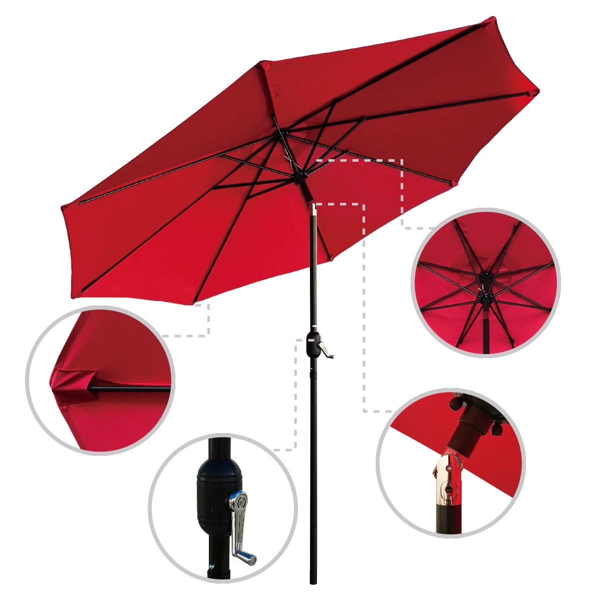 Kool Outdoor 9ft Patio Umbrella with Crank Handle and Push Button Tilt, Outdoor Market Umbrella with 8 Ribs - Red