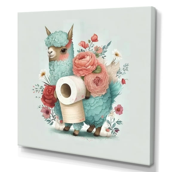 Designart Llama Building A Tower Of Toilet Paper With Flowers I Canvas Wall Art