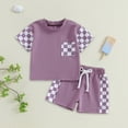 thumbnail image 2 of Summer Outfits for Boys, Casual Sets for Little Boys Checkered Color Block Short Sleeve T-Shirt and Solid Drawstring Shorts Casual Toddler Outfit, 2 of 6