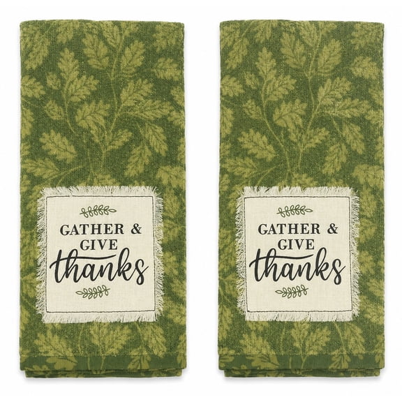 Serafina Home Farmhouse Fall Decor Kitchen Dish Towels Set: Two (2) Autumn Green Leaf Velour Towels with Gather and Give Thanks Patch (Gather Patch)