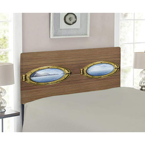 Lunarable Nautical Headboard, Ship Windows with Tropical Island and Ocean Views Marine Journey