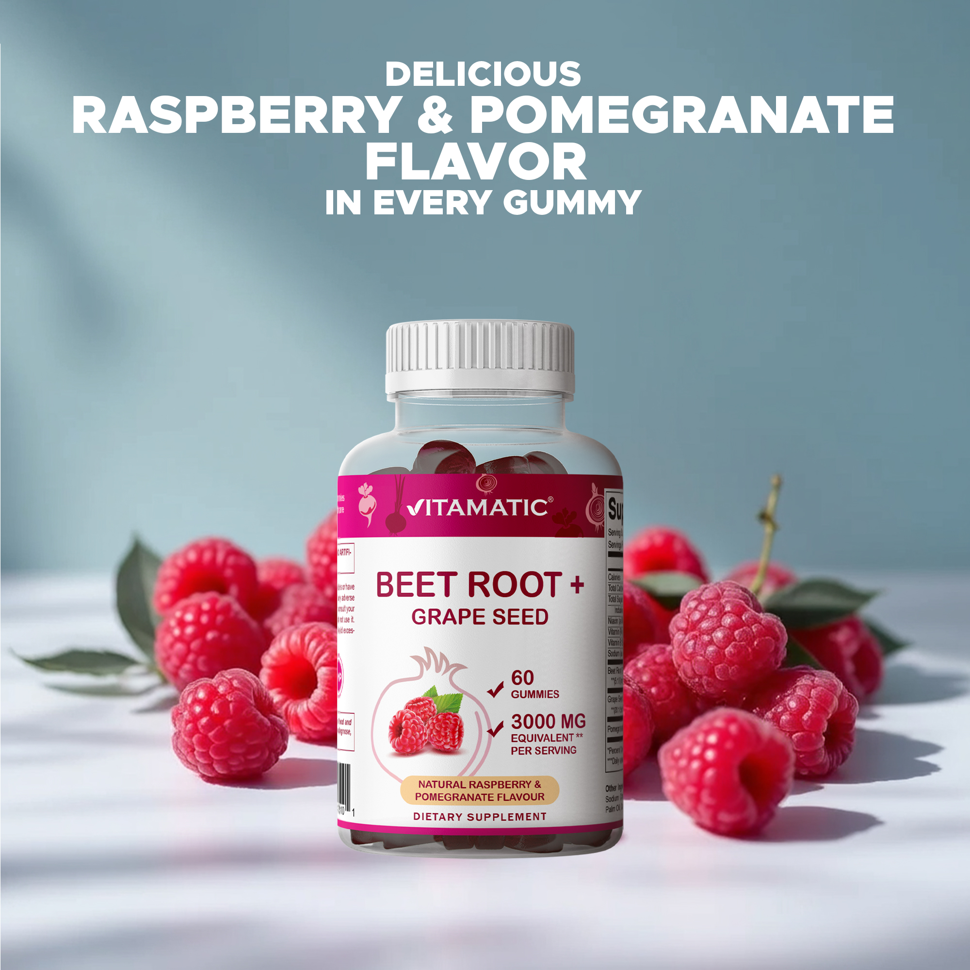 (3 pack) Vitamatic Beet Root Gummies 3000 mg Equivalent Per Serving - 60 Gummies - Made with Vitamin B6, B12, Grape Seed, Pomegranate & Nicotinamide