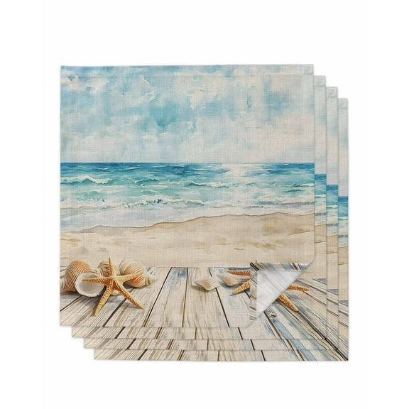 nqOlkjepod Beach Coastal Cloth Napkins Set of 4 Reusable Dinner Napkins, Watercolor Ocean Waves Starfish Summer Cocktail Napkin Washable Table Napkins for Wedding/Holiday Party/Baby Shower 20"x20"