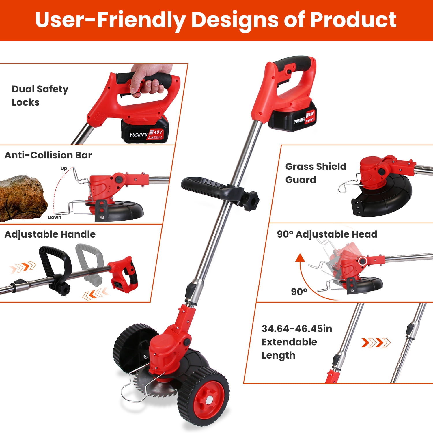 TeqHome String Trimmer Cordless Electric Weed Wacker with Wheels and 2x2.5Ah Battery and Charger Adjustable Head Extendable Length Grass Trimmer for Lawn Garden Yard