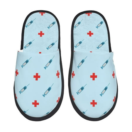 Balery Syringe And Red Cross Slient Indoor Furry Fleece Comfort House Shoes Soft Non-Slip Home Shoes Cotton slippers House Slippers-- Medium