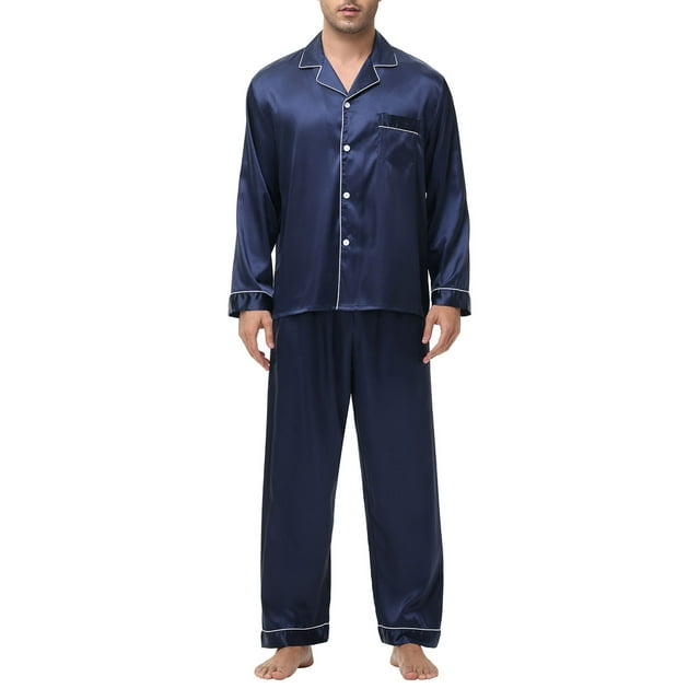 JMYHOAM Ensembles de Pyjamas pour Hommes Ensembles de Détente pour Hommes Manches Longues Col Rabattu Pyjamas Printemps Soie Soie Glacée Boutons Ensemble de Tenue d'Intérieur Vêtements de Détente