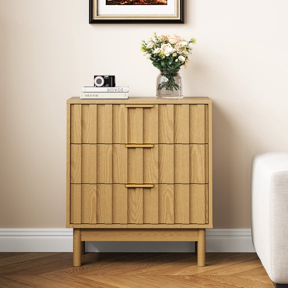 Sunvivi Fluted 3 Drawer Dresser, Wood Closet Organizer for Bedroom, Living Room, Entryway, Natural Wood Tone