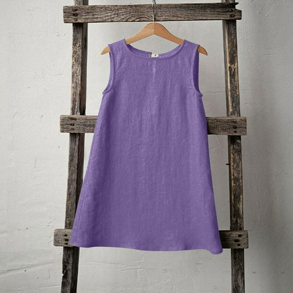 Spazoro Toddler Girls A-Line Dress, Round Neck Sleeveless Solid Color Casual Princess Dresses for Child Girls Purple Size 11 years