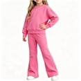 thumbnail image 2 of Husipze Sweatsuit Flare Leg Elastic Waist Bell Bottom Soft Fleece Sweatpants Solid Crewneck Pullover Sweatshirts Girls Two Piece Sweatshirt Set Pink 0-1 Years, 2 of 6
