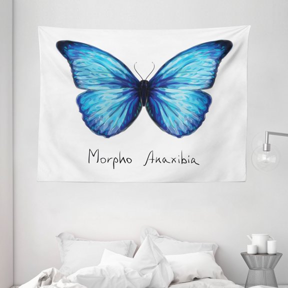 Butterfly Tapestry, Watercolor Style Abstract Butterfly Figure in Iridescent Colors, Wall Hanging for Bedroom Living Room Dorm Decor, 80W X 60L Inches, Indigo Pale Blue and White, by Ambesonne