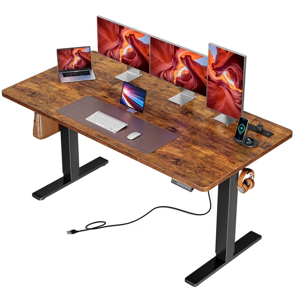 Amadwell Electric Height Adjustable Standing Desk, 55 x 27.6 Inches Gaming Desk, Stand up Desk with 4 AC Outlets and Cable Organizer, Computer Office Desk for Home Office, Rustic Brown