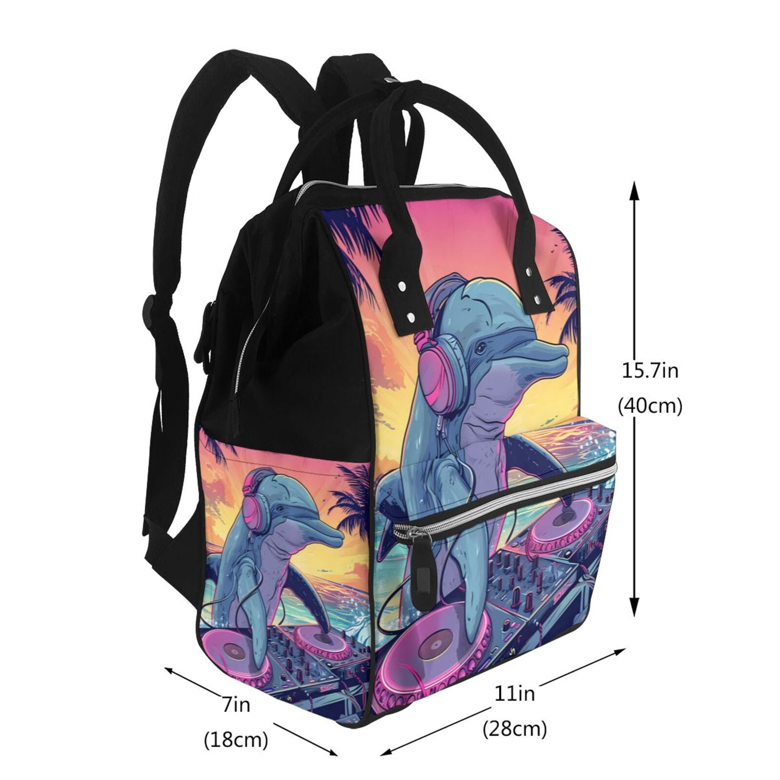 Fuzoiu Hip-Hop DJ Dolphin Print Diaper Bag Backpack,Baby Essentials Travel Tote,Multi function Waterproof Diaper Bag, Travel Essentials Baby Bag - Unisex