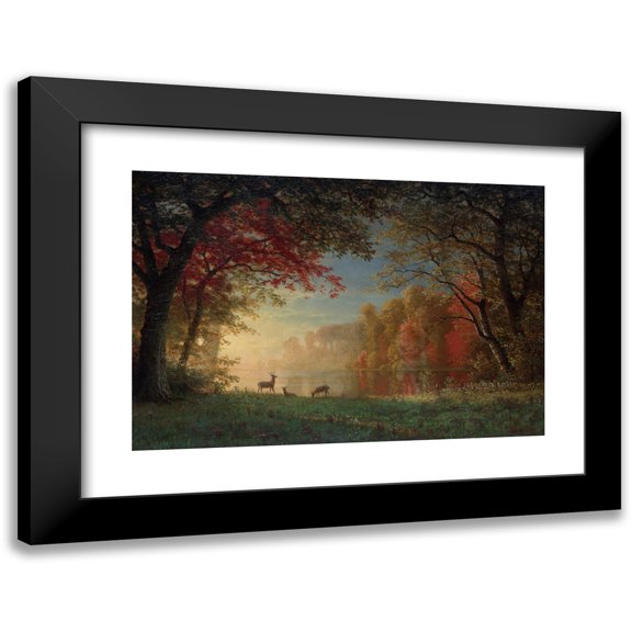 Albert Bierstadt 14x11 Black Modern Framed Museum Art Print Titled - Indian Sunset, Deer by a Lake (ca. 1880-90)