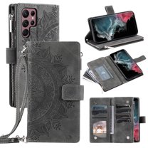 Feishell Zipper Wallet Case for Samsung Galaxy S24 Ultra,for Women Men,Stylish Embossed Pattern PU Leather Multi Card Slots Magnetic Clasp Flip Holder Crossbody Phone Case with Shoulder Strap,Gray