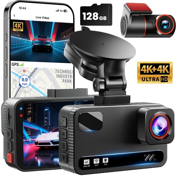 Dash Cam Front and Rear, 4K 4K Full HD Car Camera, 3" IPS Screen, 128GB Card, Built-in 5G Wi-Fi GPS, G-Sensor, Night Vision, Loop Recording, 24H Parking Mode