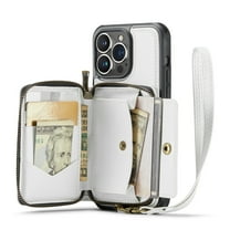 iPhone 14 Pro Wallet Case with Strap,  Magnetic Back Zipper Case with RFID Card Holder, Leather Handbag Case for Women Protective Case Compatible with iPhone 14 Pro, White