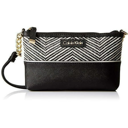 NWT Calvin Klein Women's On My Corner Raffia Crossbody, Black/White Chevron