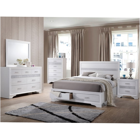JERFIT 5-Piece Eastern King Bedroom Set in White, Contemporary Wood Bedroom Furniture with Dresser, Mirror, Chest & Nightstand