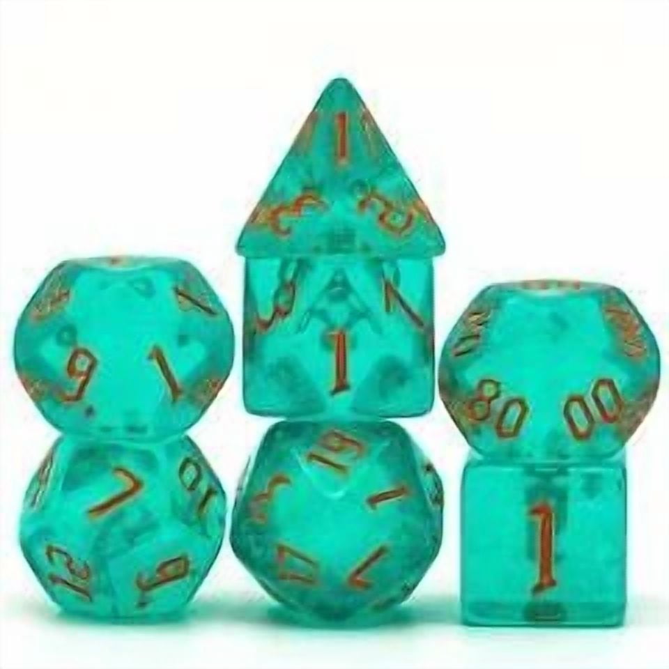 PRIME- Blue/Teal Glitter Party Dice (Red/Orange Font) 7-Dice Set Rpg Dnd
