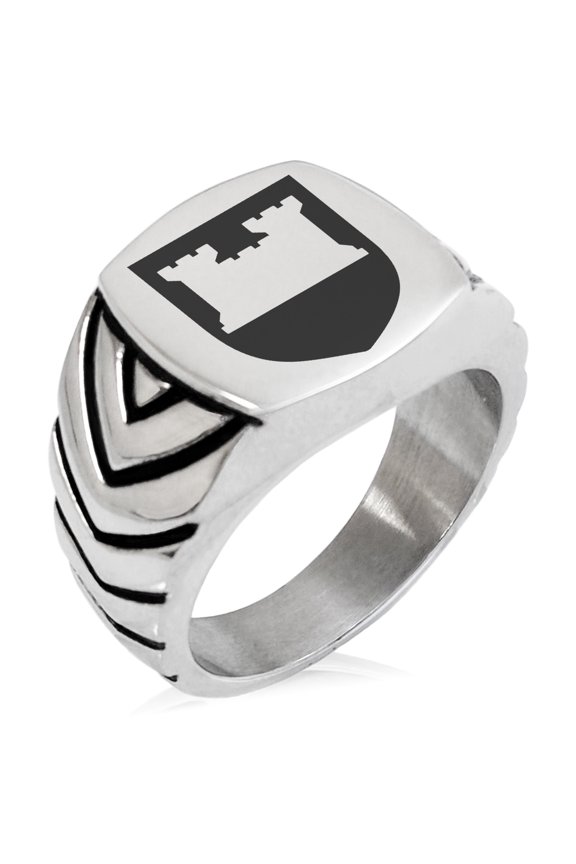 Stainless Steel Castle Protection Coat of Arms Shield Chevron Pattern Biker Style Polished Ring