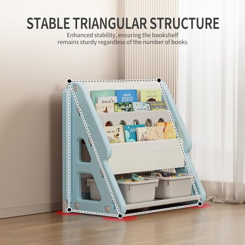 UNICOO® Toddler 3 in 1 Art Board Bookshelf and Organizer, 2-Tier Bookshelves with Storage Rack & Bins, Retractable Drawing Board, Lightweight & Compact for Nursery, Playroom(Blue & White)