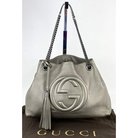 Gucci Metallic Pewter Pebbled Soho Medium Chain Tote Shoulder Hobo bag
