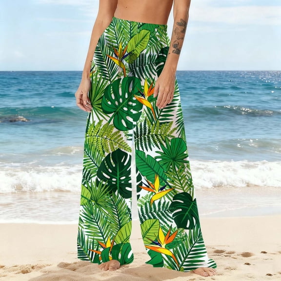 Gamivast Womens Swimsuit Cover up Pants Leaf Print Sheer Wide Leg Beach Elastic Wasit Pant Swimwear Flowy Boho Swimwear Coverup Beach Vacation Outfits