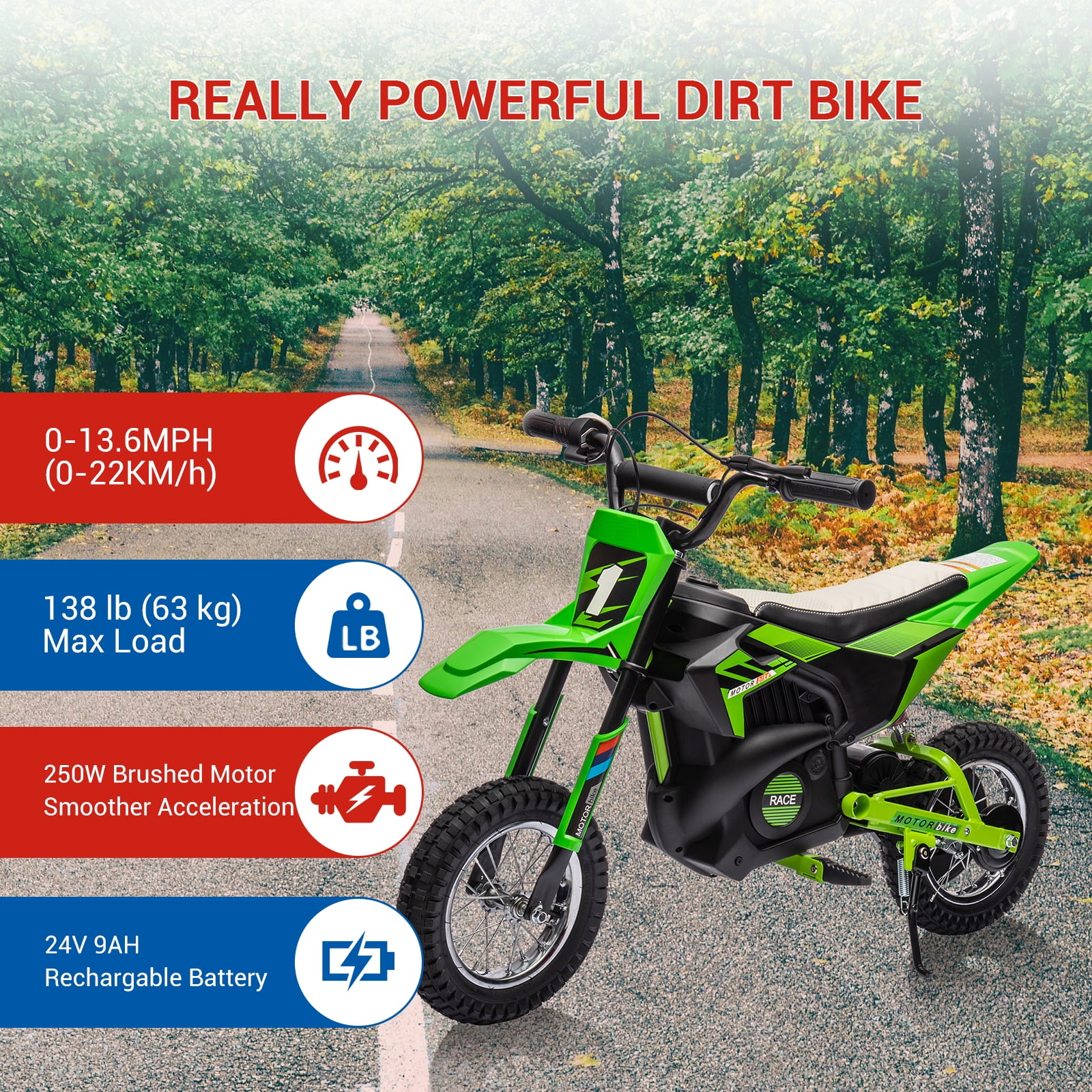 24V 250W Electric Dirt Bike for Kids, 3 Speed Modes Teen Electric Motorcycle Up to 20.6 MPH& 19 Miles Long-Range, Dual Suspension & Disc Brake, 16" Sturdy Tire