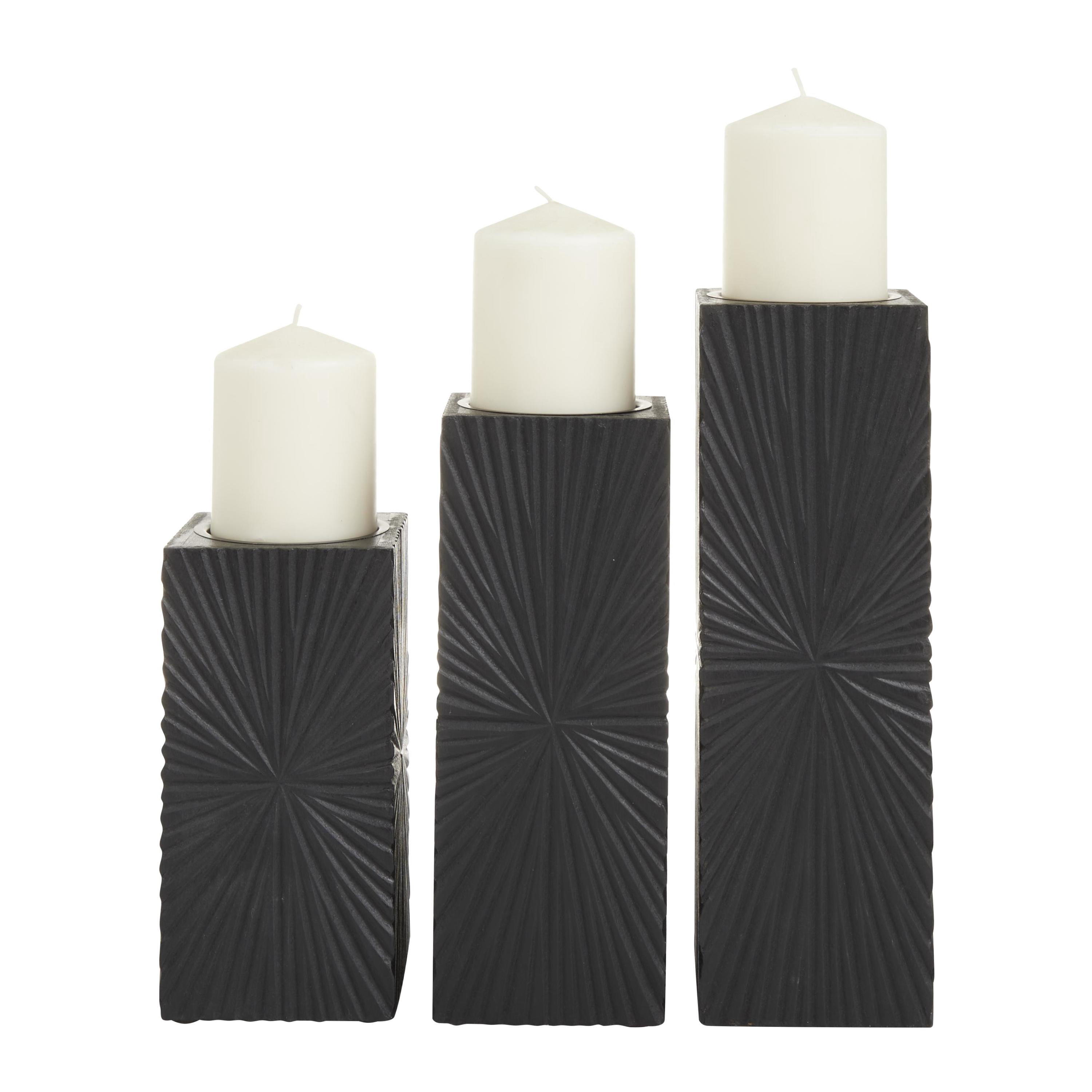 CosmoLiving by Cosmopolitan 3 Candle Black Wood Geometric Carved Pillar Candle Holder, Set of 3