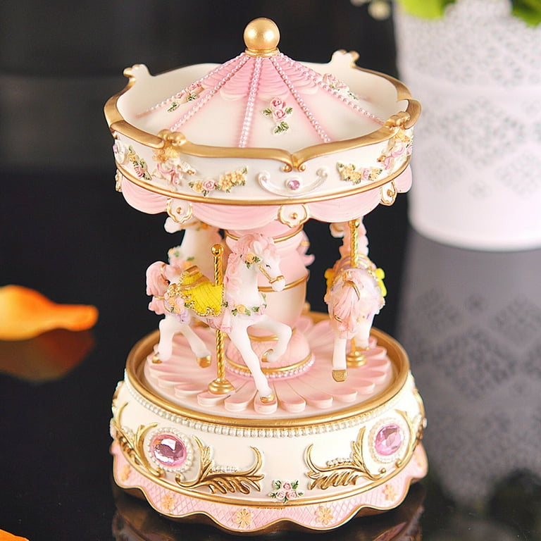 Mini Carousel Clockwork Music Box Colorful LED Merry-go-round