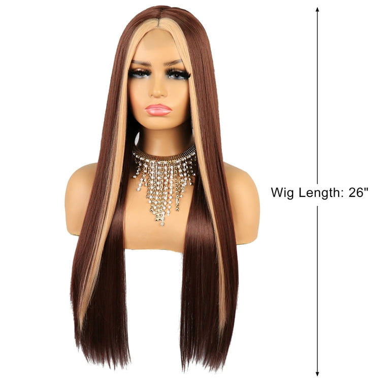 Unique Bargains Medium Long Straight Hair Lace Front Wigs for Women with  Wig Cap 14 Yellow Gradient Pink 1PC