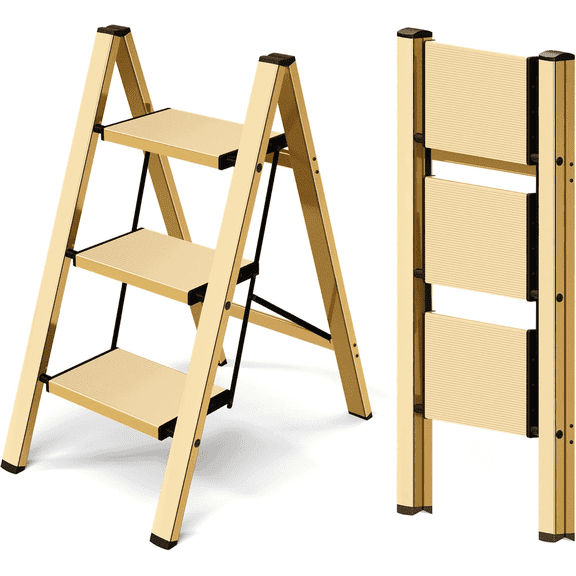 SHOUFTW 3 Step Ladder, Folding Step Stool, Anti-Slip, Lightweight Portable, 330 lbs Capacity for Home Kitchen Office,Gold