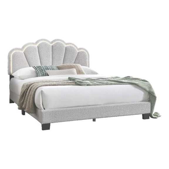 Madsy Full Bed-White Upholstered Fan-Shaped Headboard-Metallic Accents