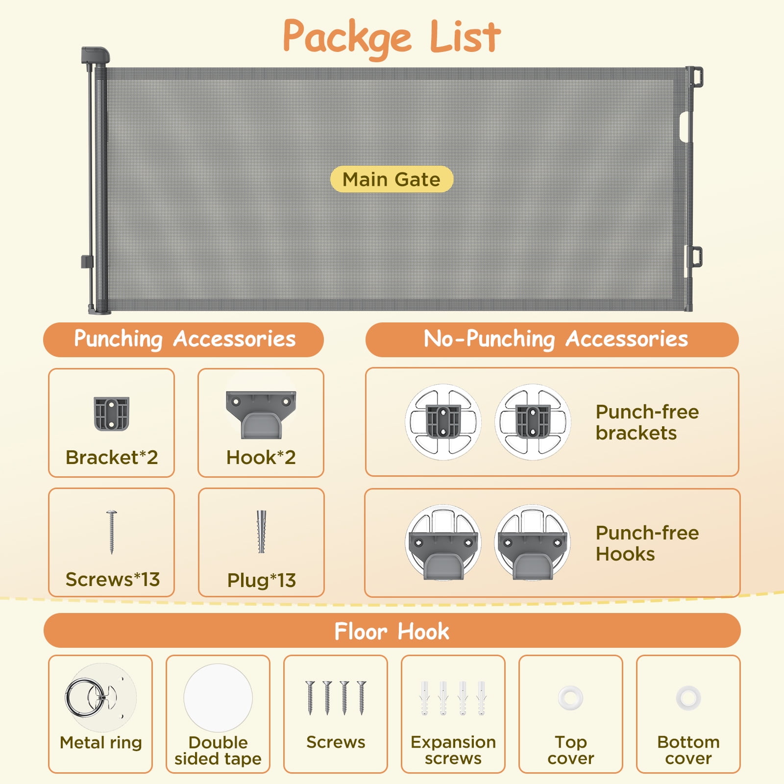 BEBANG Retractable Baby Gate, 2 Installation Modes, 71" Retractable Dog Gate for Stairs, Doorways, Hallways, Indoor and Outdoor, Gray