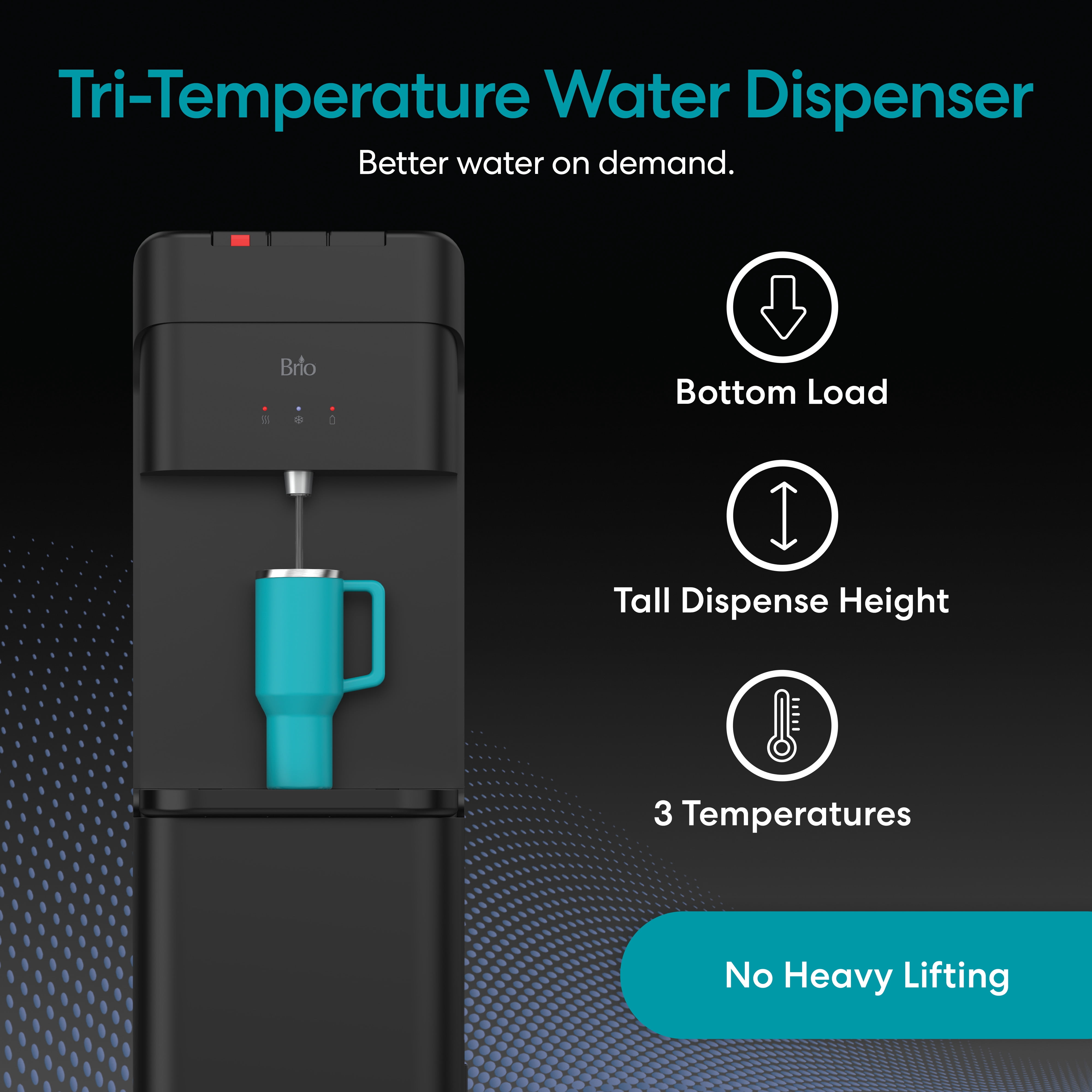 Brio 430 Black Bottom Load Water Cooler Dispenser, Hot, Cold & Room Temperature, 10.5" Dispense Height for 5-Gallon Bottles