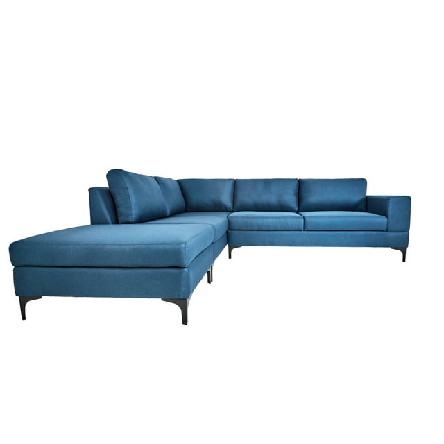 Sofá Escuadra Izquierda con Tapizado Color Azul. Estructura de Madera Sólida y Patas de Acero