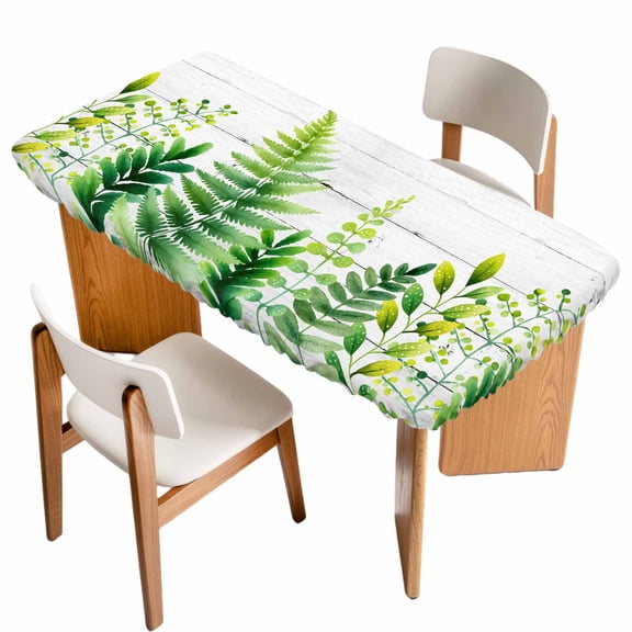 Spring Leaves Table Cloths for 4 Foot Rectangle Tables, Pastoral Garden Botanical Gray Wooden Patio Waterproof Elastic Fitted Tablecloths, Washable Rectangular Table Cover for Camping