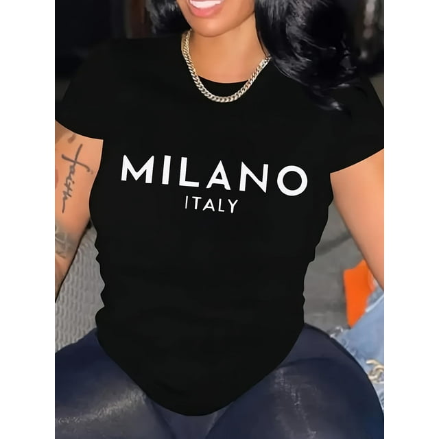 Alphabets Print Crew Neck Short Sleeve T-Shirt - Soft Mid-Elasticity Polyester Fabric, Relaxed Fit, Casual Summer & Spring Essential - Womens Regular Length Knit Top