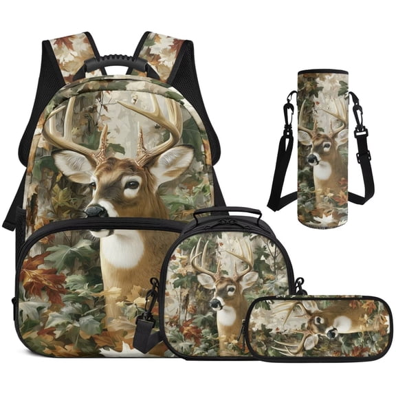 Bulopur Boys 17 Inch Backpack Set, 4 Piece Hunting Deer Print School Bookbag with Lunch Box, Water Bottle Holder and Pencil Case for Elementary