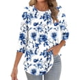 thumbnail image 2 of Xdegoge Blouses for Women Crewneck Three Quarter Sleeve Casual Dressy Workwear Flowy Fit Floral Print Pleated Front Soft Lightweight Spring Summer Tops, 2 of 7