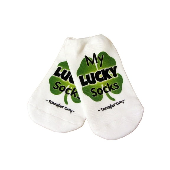 IVF Socks, Lucky Transfer Socks - Big Green Four Leaf Clover for IVF, Womens Medium No Show White