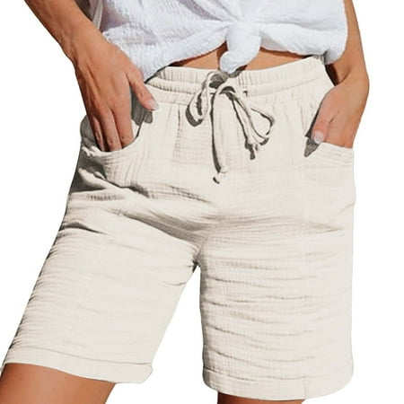 Yanyanz Shorts for Women  Women s Fashionable And Casual Solid Color Elastic Waist Cotton Linen Sports Five Point Pants  Running Shorts for Women Beige XL