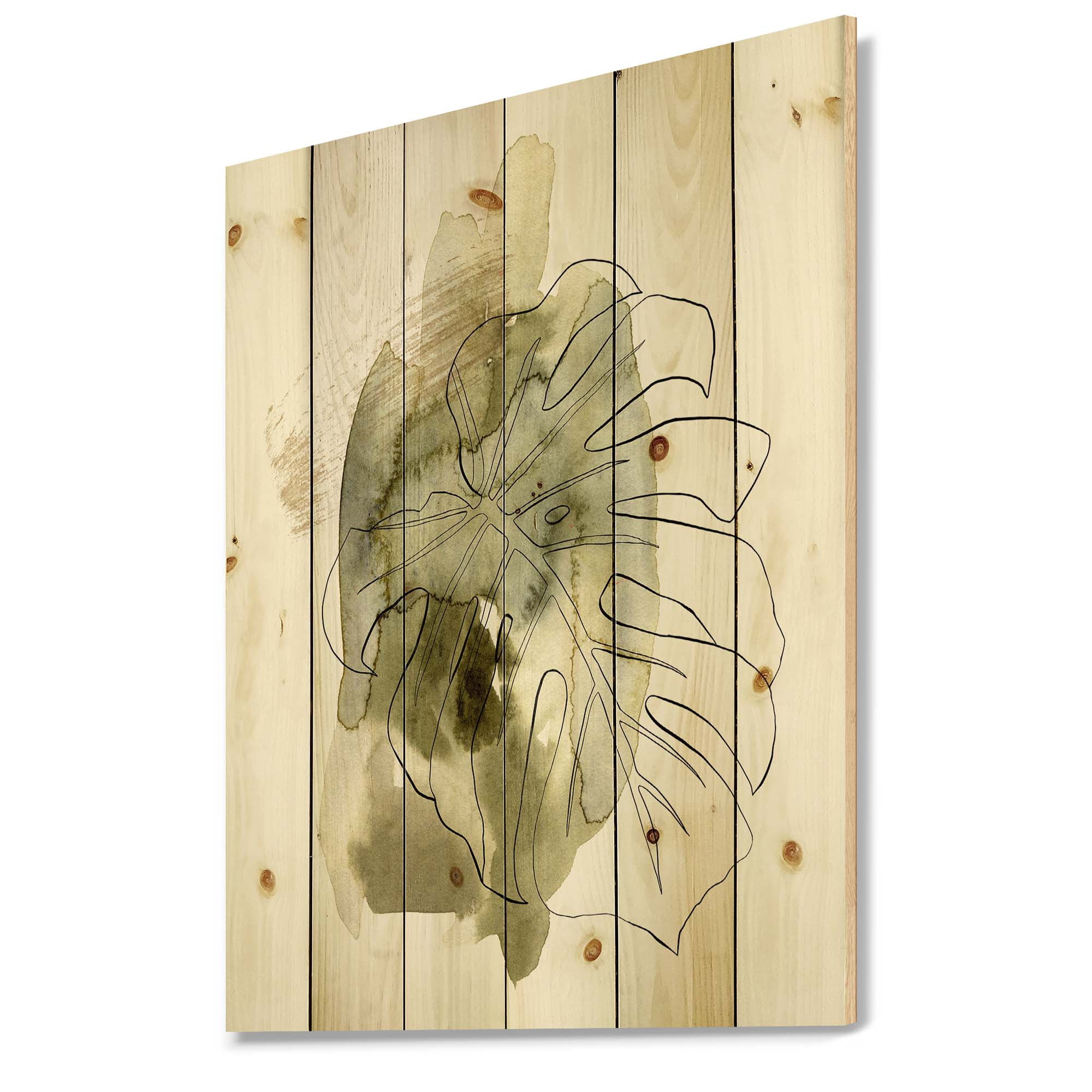 Designart 'Line Art Monstera Branch Tropical Abstract Leaves on Green' Traditional Print on Natural Pine Wood