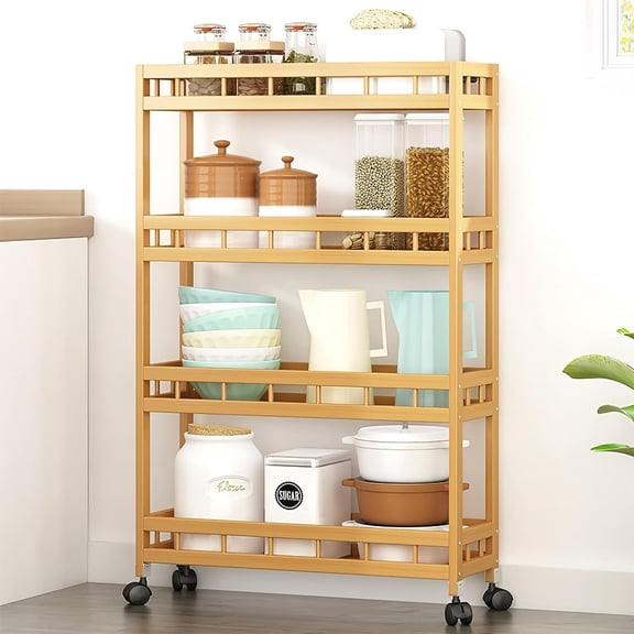 4-Tier Slim Storage Kitchen Cart, Utility Cart Storage Shelf Rack on Wheels, 7.1 Inch Width Baker's Rack for Narrow Place, Bamboo