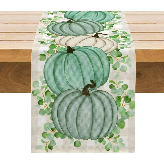 Chemin de Table d'Automne 13x72 Pouces Citrouilles Vertes Feuilles d'Eucalyptus Récolte Style Ferme Décor de Table d'Automne Action de Grâce Saisonnier Style Lin Imperméable Décoration de Table de Cuisine Salle à Manger Intérieur Extérieur