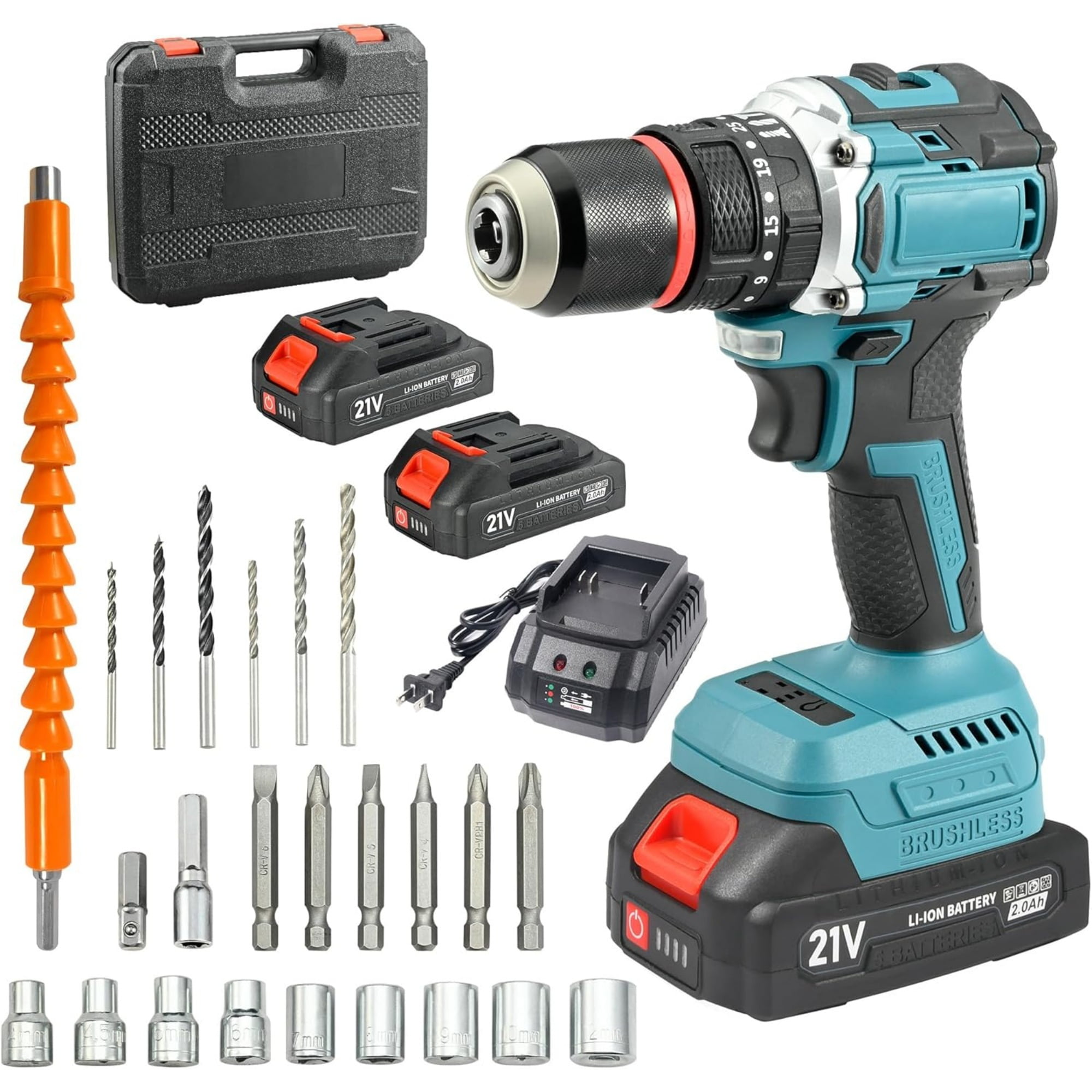 LithiCraft 21V Brushless Cordless Drill/Driver Kit w/ (2) 2000mAh Batteries, Charger & 24-Piece Bit Set, 55Nm Torque, 1/2" Keyless Chuck
