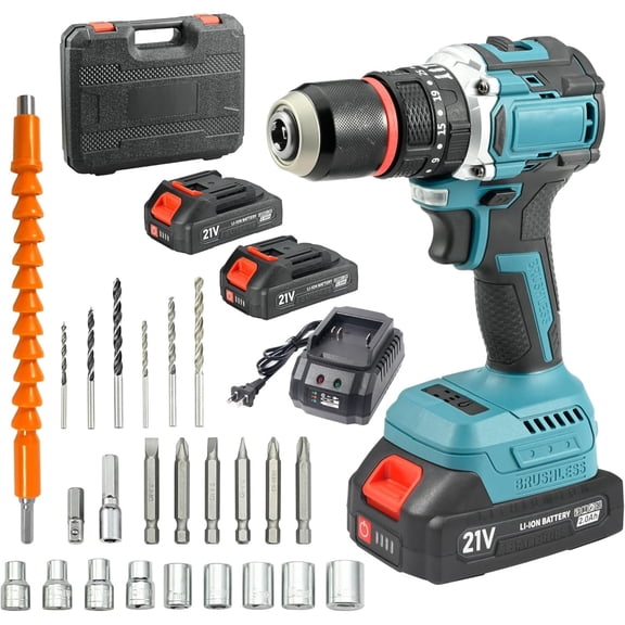 LithiCraft 21V Brushless Cordless Drill/Driver Kit w/ (2) 2000mAh Batteries, Charger & 24-Piece Bit Set, 55Nm Torque, 1/2" Keyless Chuck