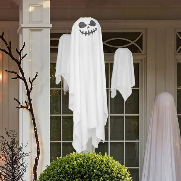 Decoración Luminosa Fantasma de Halloween | Adorno Colgante de Tela Brillante Fantasmal Blanco y Naranja | Decoración Espeluznante para Fiestas En El Jardín con Led Amarillo Incorporado | Decoración