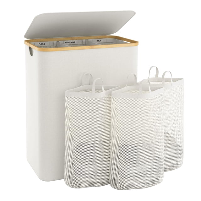 Cesta de ropa Bathola 145 L con tapa y 3 secciones, color beige
