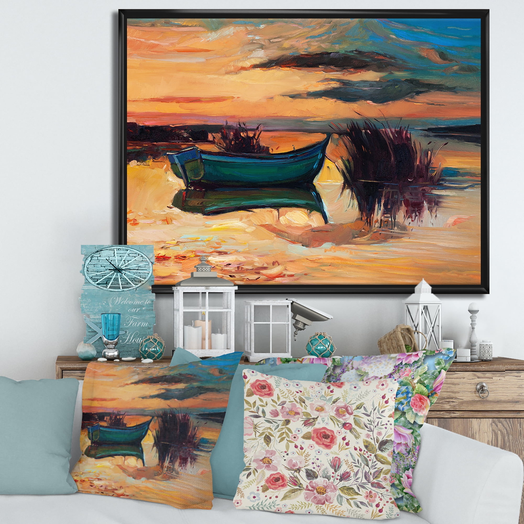 Designart 'Boat At The Lake During Evening Glow I' Nautical & Coastal Framed Canvas Wall Art Print